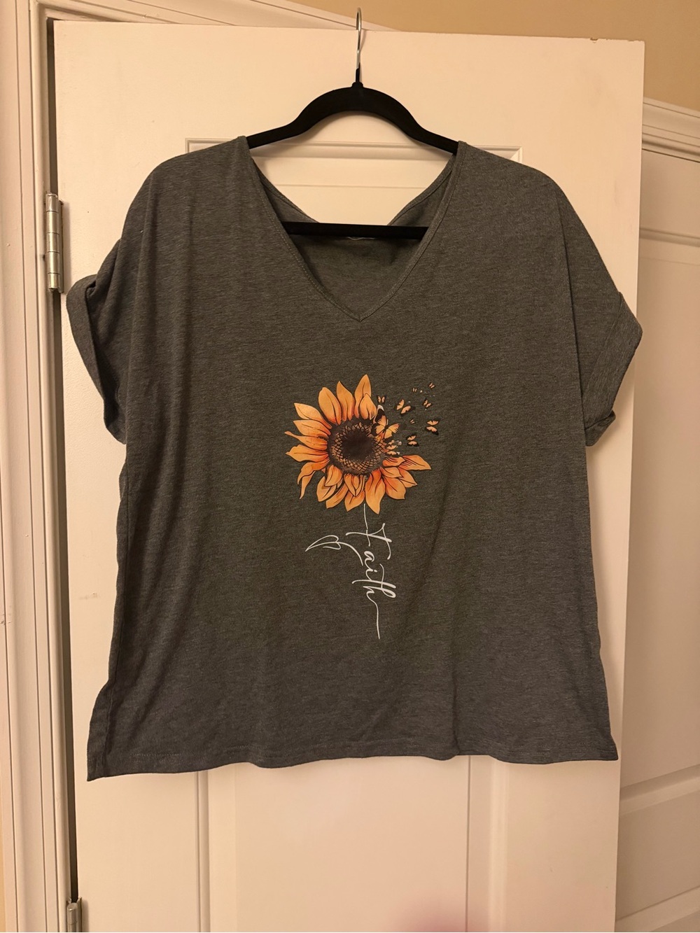 SHEIN Gray V-Neck Tee with Yellow Sunflower Graphic
